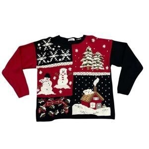 Spiegal Christmas Sweater Red Black Snowman Snowflake Winter Wreath Size Medium